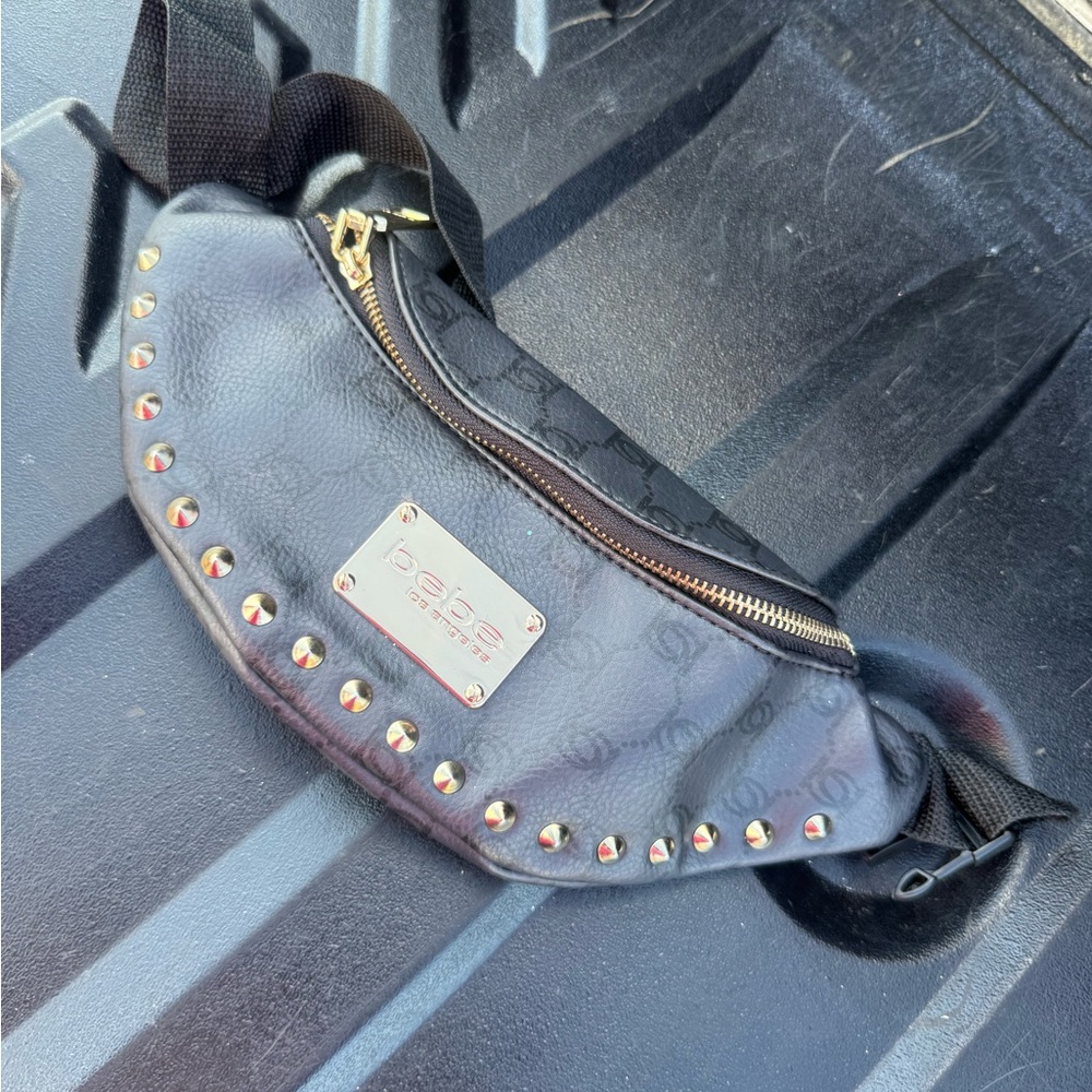 Bebe Black Belt Bag with Gold Accents